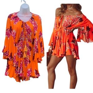 HELLO MOLLY Orange Rayon Floral Off The Shoulder Butterfly Sleeves Romper Sz M